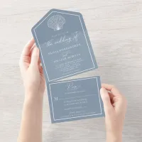 Dusty Blue Beach Seashell Coastal Wedding All In One Invitation