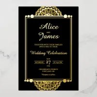 Mandala Double Frame Royal Black Gold Foil Wedding Invitation