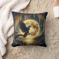 Eagle Perched on Branch by Full Moonlit Lake Throw Pillow