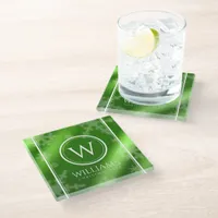 Festive Green Foil Snowflakes Monogram Name Glass Coaster