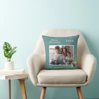 Christmas family photo green pine name throw pillow