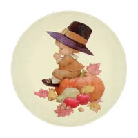 Vintage Pilgrim Boy Praying on Pumpkin Cutting Board