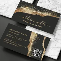 Stunning Black And Gold Glitter Script QR Code Business Card