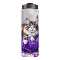 Pretty Cat with Purple Flowers and Yarn   Thermal Tumbler