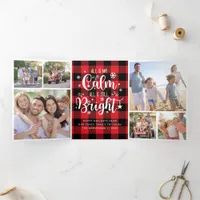 Funny All is Not Calm Photo Collage Plaid Tri-Fold Holiday Card