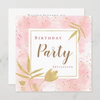 Pink Watercolor Confetti Gold Leaf/Floral Birthday Invitation