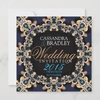 Sapphire Blue Gold Lace Jewel Wedding Invitations