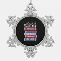 Let's Get Lit - Vintage Horror Book Lover Bookworm Snowflake Pewter Christmas Ornament