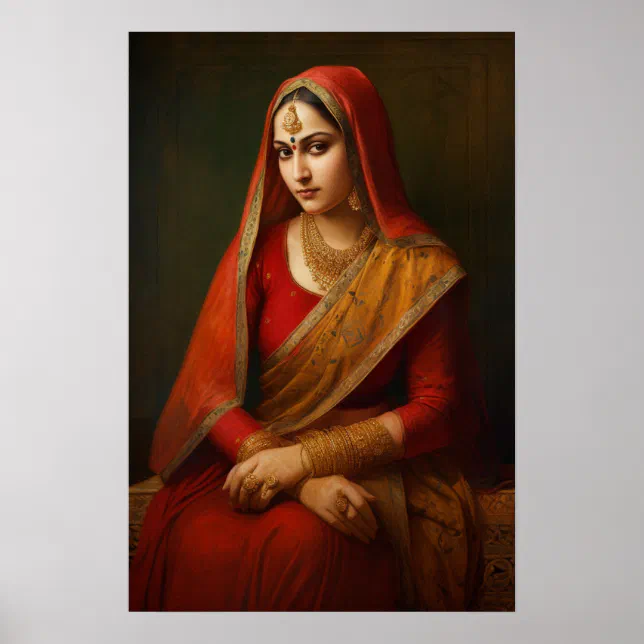 Indian Woman in Red Saree Vintage Painting Poster