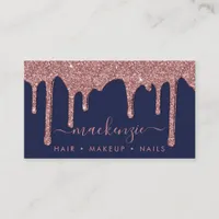 Luxury Navy Blue Rose Gold Sparkle Glitter Drips Business Card