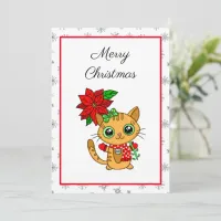 Merry Christmas | Orange Cat with Poinsettia   