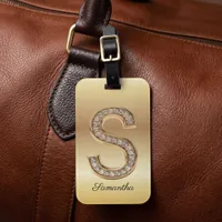 Glam Gold Diamond Monogram Initial Letter S Luggage Tag