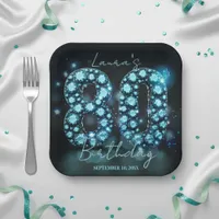 Glamorous Teal Blue Diamonds 80th Birthday Party Paper Plates