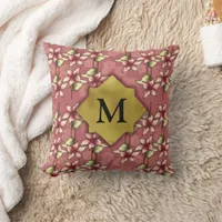 Red Poinsettias & Snowflakes Christmas Monogram Throw Pillow