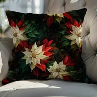 Beautiful White and Red Poinsettias Illustration Throw Pillow