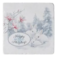 Cute White Rabbits in Snow Winter Holiday Trivet