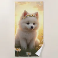 Adorable little, white Spitz puppy  Beach Towel