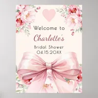 Pink bow cream florals bridal shower welcome sign