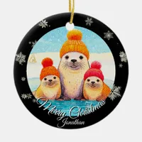 Cute seals with knitted hat Christmas illustration Ceramic Ornament