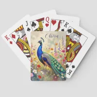 A Green and Blue Peacock in Flowers Personalized Poker Cards