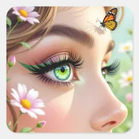 Beautiful Green Eyed Fairy and Butterfly  Square Sticker