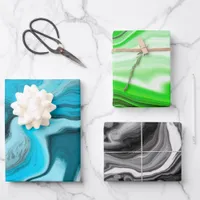Blue, Black and Green Marble Fluid Art   Wrapping Paper Sheets