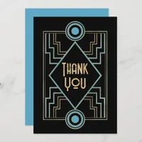 Gatsby-Inspired Art Deco Blue & Gold Wedding Photo Thank You Card