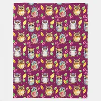 Colorful Woodland Owls and Leaves Watercolor Fleece Blanket