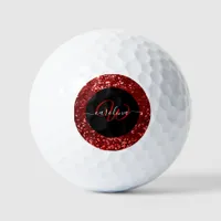 Stylish monogram red glitter name black golf balls