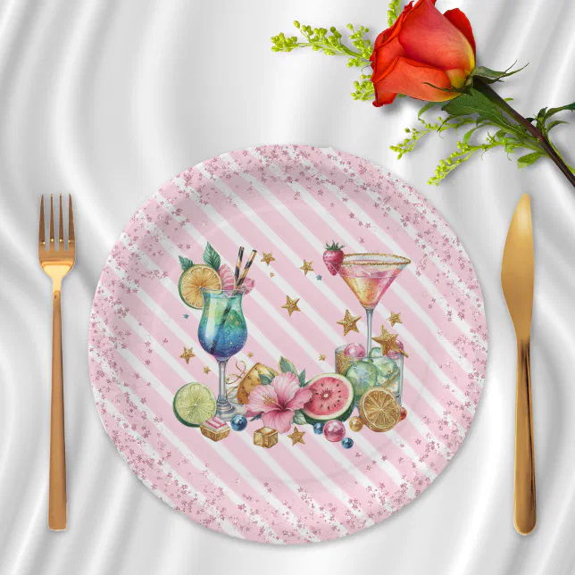 Pink Cocktail Candy Glitter Birthday Paper Plates