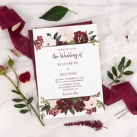 Burgundy Blush Watercolor Floral Fall Wedding Invitation