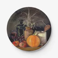 Autumn Decorations on Table, Pumpkin, Fruit, Drink Paper Plates