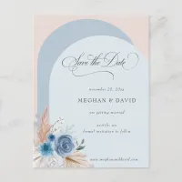 Calligraphy Boho Dusty Blue Pampas Save the Date Announcement Postcard