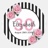 30th birthday pink roses black white stripes name classic round sticker