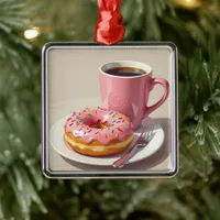 Pink Frosted Donut and Coffee Christmas Metal Ornament