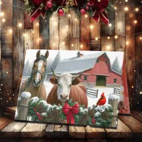 Brown Horse and Cow Christmas Farm Holiday Card