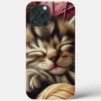 Cute Gray Kitten Napping in Balls of Yarn iPhone 13 Pro Max Case