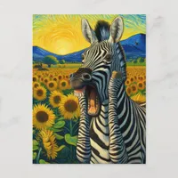 Funny Screaming Zebra in Van Gogh Sunflower Field Postcard