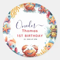 Cute Kids Watercolor Oneder the Sea 1st Birthday Classic Round Sticker