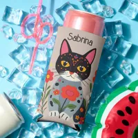Folk Art Black Cat and Flowers Personalized Seltzer Can Cooler