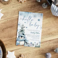 Hello Baby Penguin, Winter blue baby shower Invitation