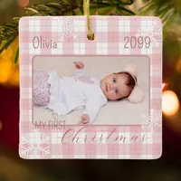 Baby girl pink plaid snowflake first Christmas Ceramic Ornament