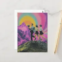Three People Skating on the Mountain Ridge Surreal Postcard