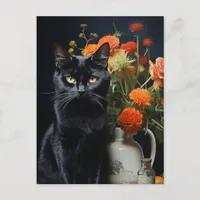 Black Cat Vintage Flower Still Life Painting Postcard