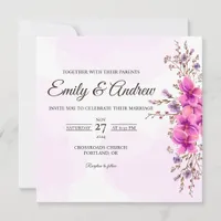 Pink Bloom Side Floral Watercolor Square Wedding Invitation