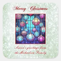 Christmas Green Glitter Stained Glass Bauble Square Sticker