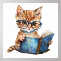 Nursery Art Poster Cat Reading with Eyeglasses