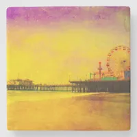 Yellow and Purple Santa Monica Pier Stone Coaster