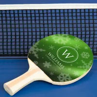 Festive Green Foil Snowflakes Monogram Name Ping Pong Paddle