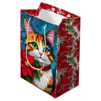 Cute Tabby Cat and Poinsettia Christmas Medium Gift Bag